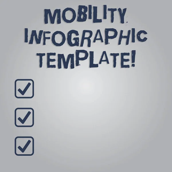 Nota de escrita mostrando Mobility Infographic Template. Foto de negócios mostrando visualização de dados para dispositivos móveis Forma retangular de cor em branco com feixe de luz redonda brilhando no centro . — Fotografia de Stock