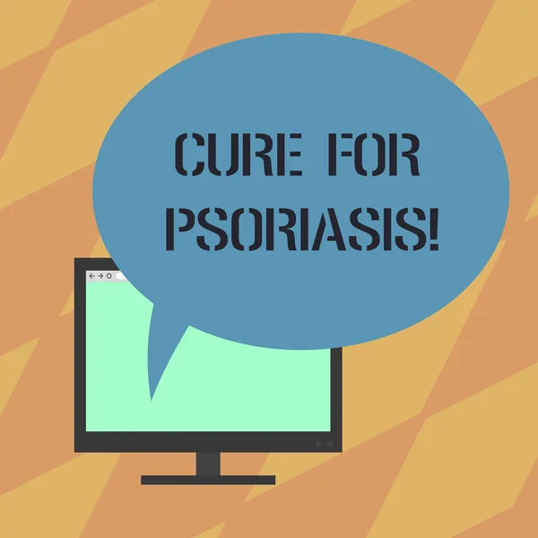 Signo de texto que muestra Cure For Psoriasis. Foto conceptual Utilizado solo cremas y ungüentos que aplican la piel Montado monitor de ordenador Pantalla en blanco con burbuja de voz de color ovalado . — Foto de Stock