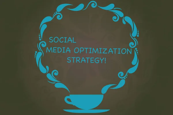 Writing note showing Social Media Optimization Strategy. Business photo showcasing SEO Advertising Marketing strategies Cup and Saucer with Paisley Design on Blank Watermarked Space.