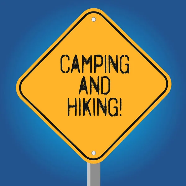 Handwriting text Camping And Hiking. Concept meaning outdoor activity involving staying away from home Blank Diamond Shape Color Road Warning Signage with One Leg Stand photo. — Stock Photo, Image