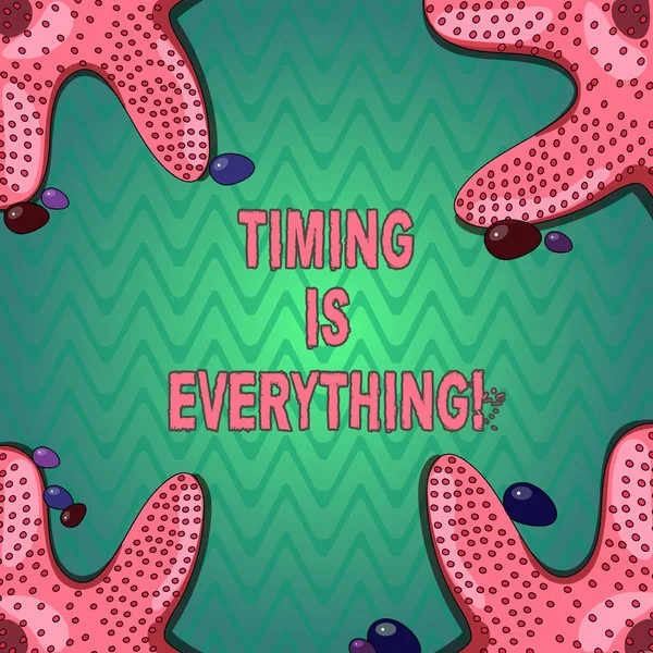 Handwriting text writing Timing Is Everything. Concept meaning when the time is right, everything will fall into place Starfish photo on Four Corners with Colorful Pebbles for Poster Ads Cards.
