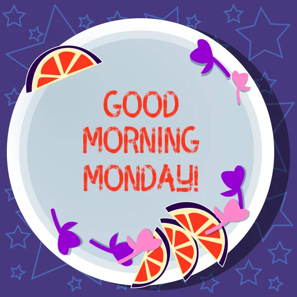 Writing note showing Good Morning Monday. Business photo showcasing greeting someone in start of day week Start Weekend Cutouts of Sliced Lime Wedge and Herb Leaves on Color Plate. — Stock Photo, Image