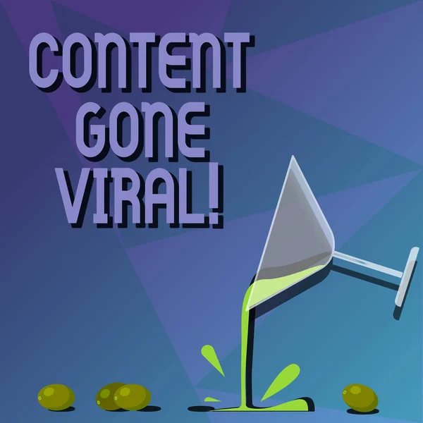 Conceptual hand writing showing Content Gone Viral. Business photo text image video link that spreads rapidly through population Cocktail Wine Glass Pouring with Splash Grapes and Shadow.