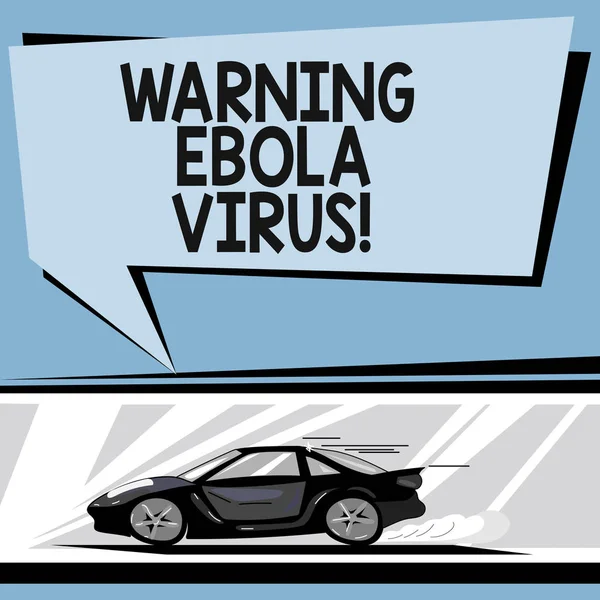 Σύνταξη σημείωσης Εμφάνιση προειδοποίησης ιού Έμπολα. Επαγγελματίες φωτογραφία προβάλλοντας ενημερώσει δείχνοντας αποδεικνύοντας για αυτής της θανάσιμης ασθένειας αυτοκίνητο με γρήγορη κίνηση εικονίδιο και εξάτμισης καπνίζουν συννεφάκι ομιλίας. — Φωτογραφία Αρχείου