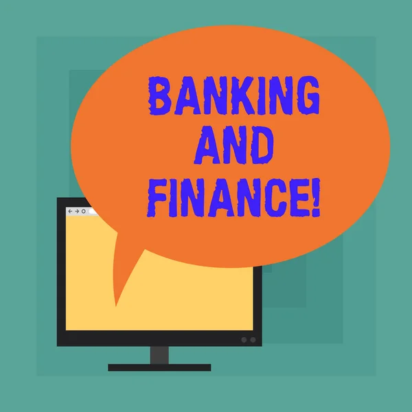 Εννοιολογική χέρι γραφή δείχνει τραπεζών και η χρηματοδότηση. Επαγγελματίες φωτογραφία κείμενο ιδρύματα που παρέχουν πληθώρα χρηματοοικονομικών υπηρεσιών τοποθετείται κενή οθόνη υπολογιστή με οβάλ χρώμα συννεφάκι ομιλίας. — Φωτογραφία Αρχείου