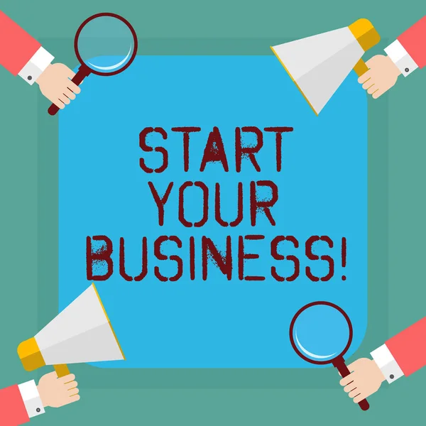 Fogalmi kézzel írás Start Your Business mutatja. Üzleti fénykép bemutató vállalkozó szervezni kis szervezet induló Hu elemzés kezében tartja nagyító és megafon. — Stock Fotó