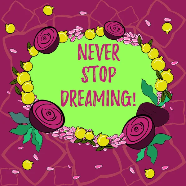 Text sign showing Never Stop Dreaming. Conceptual photo dont waste your time in fantasy stick to achieve them Floral Wreath made of Tiny Seeds Small Glossy Pomegranate and Cut Beet.