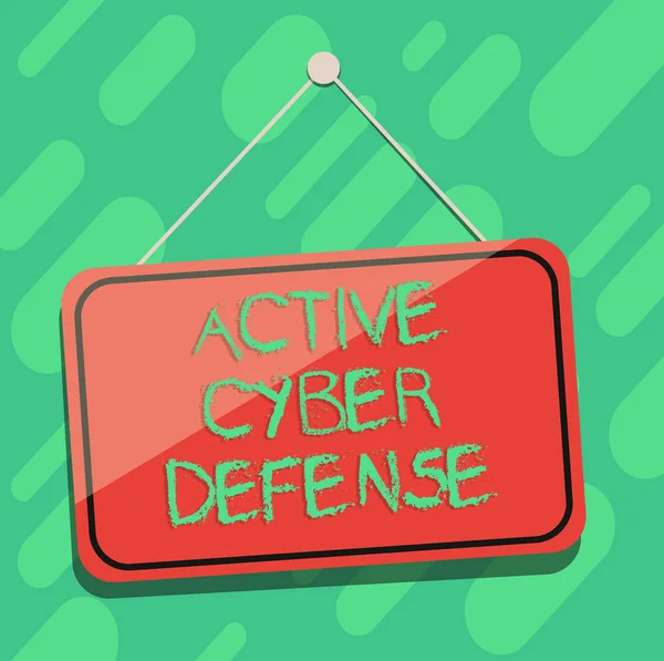 Conceptual hand writing showing Active Cyber Defensequestion. Business photo showcasing acting in anticipation to oppose an attack Blank Hanging Color Door Window Signage with String and Tack.