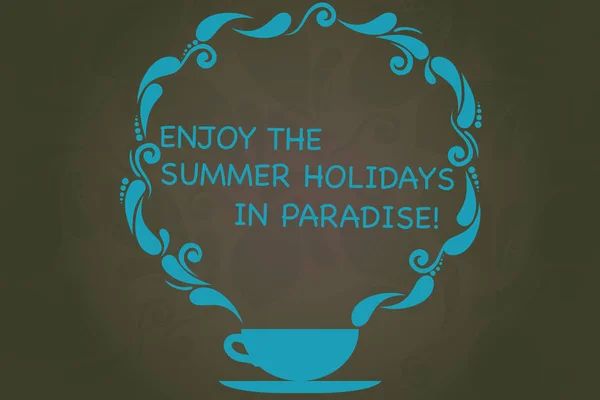 Megjegyzés: élvezze a nyári nyaralás a paradicsomban a bemutató írás. Üzleti fénykép bemutató megy gyönyörű helyezi a nyaralási szezon csésze és csészealj Paisley design a vízjel szóköz. — Stock Fotó