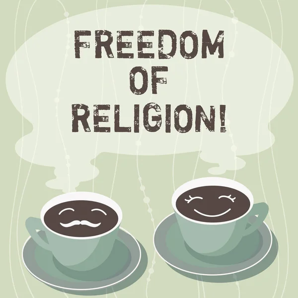 信教の自由を書く手書き文字。どんな宗教 1 つカップ ソーサーのセットを選択する彼の練習する権利を意味する概念と空白の蒸気で彼女のコーヒーの顔アイコン. — ストック写真