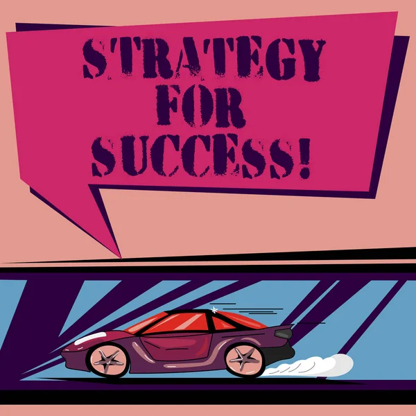 Handwriting text Strategy For Success. Concept meaning Game plan to follow to meet the challenge and win Car with Fast Movement icon and Exhaust Smoke Blank Color Speech Bubble.