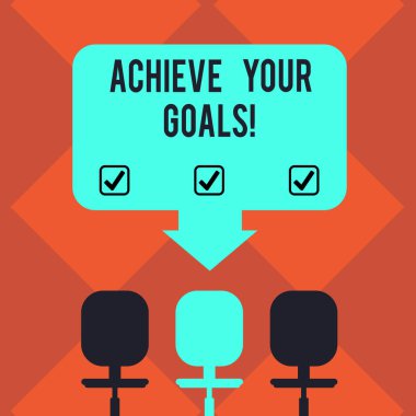 Handwriting text Achieve Your Goals. Concept meaning accomplish goal or to do something you set out be done Blank Space Color Arrow Pointing to One of the Three Swivel Chairs photo. clipart