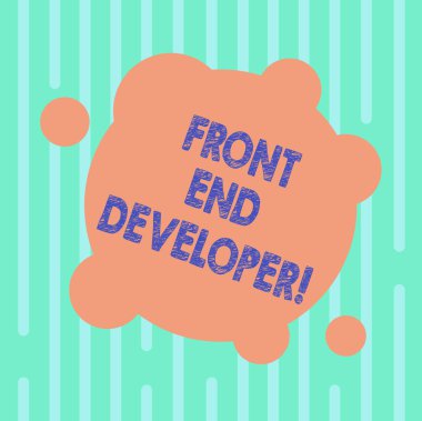 Word metin Front End Geliştirici yazma. İş kavramı bilgisayar programcısı için kodları ve görsel öğeler boş deforme renk yuvarlak şekli ile küçük daireler soyut fotoğraf oluşturur.