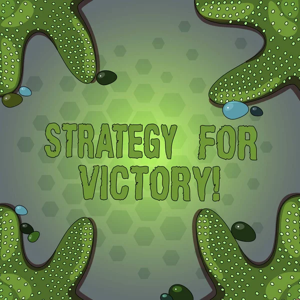 Word writing text Strategy For Victory. Business concept for detailed plan for achieving success in the situation Starfish photo on Four Corners with Colorful Pebbles for Poster Ads Cards.