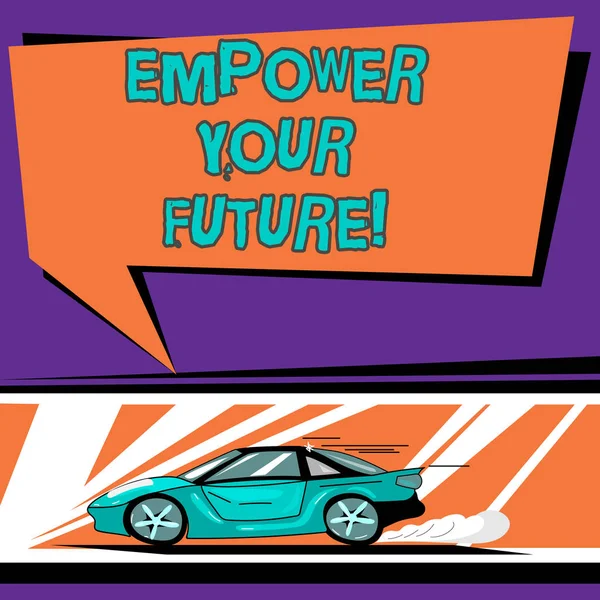 Conceptual hand writing showing Empower Your Future. Business photo text career development and employability curriculum guide Car with Fast Movement icon and Exhaust Smoke Speech Bubble. — Stock Photo, Image