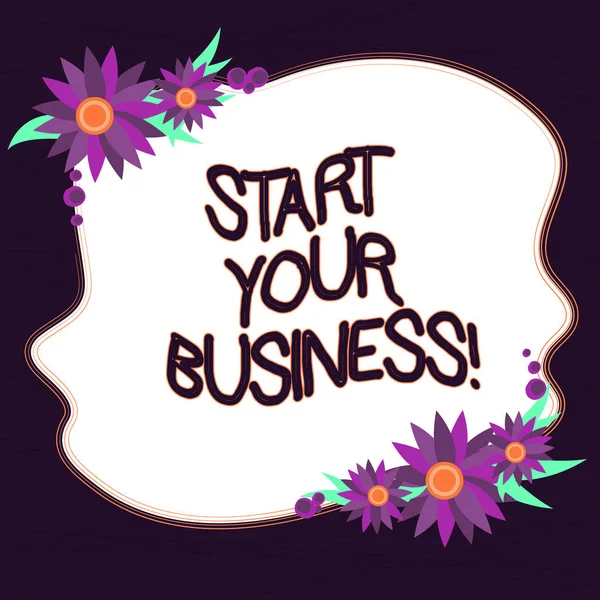 概念的な手書きを開始あなたのビジネスを示します ビジネス写真テキスト起業家整理カード招待の小規模な組織ベンチャー空白色形花ボーダー — ストック写真