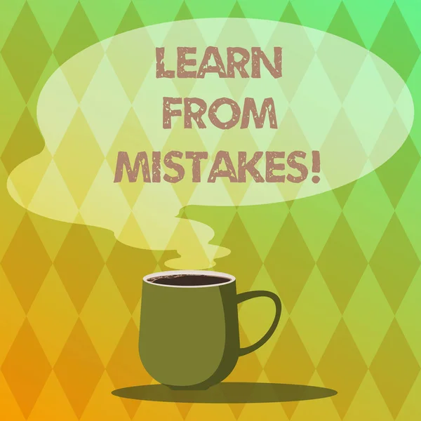 写文字写作从错误中学习。概念的意思是跟踪你最重要的决定杯热咖啡与空白颜色语音泡泡作为蒸汽图标. — 图库照片
