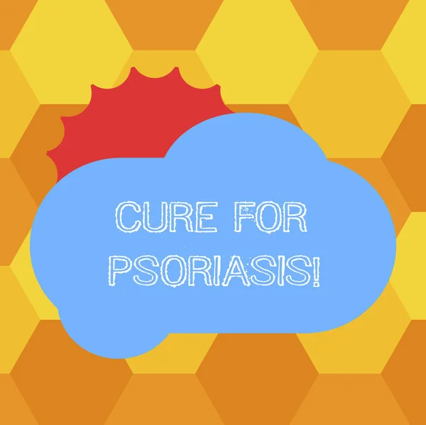 Håndskrift tekst Cure For Psoriasis. Koncept betydning Bruges alene cremer og salver, der anvender hud Sun Skjule skinnende bag Blank Fluffy Color Cloud foto til Plakat annoncer . - Stock-foto