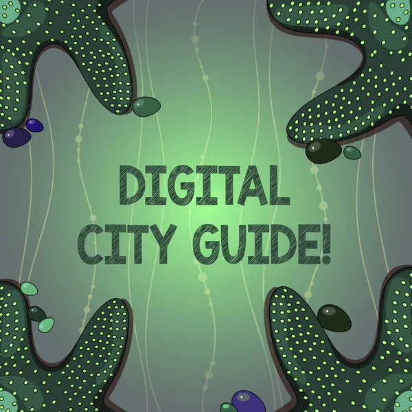 Writing note showing Digital City Guide. Business photo showcasing app which provides assistance information on cultural Starfish on Four Corners with Pebbles for Poster Ads Cards.