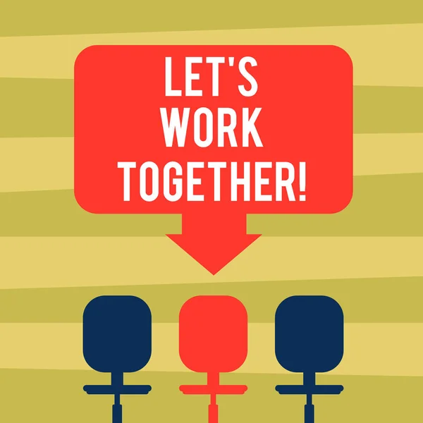 Text sign showing Let S Is Work Together. Conceptual photo Asking partners colleges to do work with you Blank Space Color Arrow Pointing to One of the Three Swivel Chairs photo.