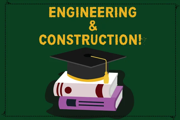 Signo de texto que muestra Ingeniería y Construcción. Foto conceptual aplicando conocimientos técnicos a la infraestructura Color Graduation Hat with Tassel 3D Fotografía de la tapa académica Descanso en libros . — Foto de Stock