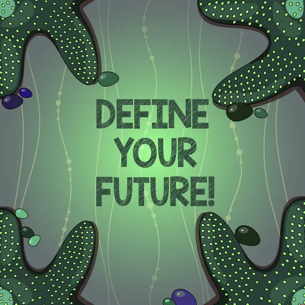 Writing note showing Define Your Future. Business photo showcasing events actions that will happen after present time Starfish on Four Corners with Pebbles for Poster Ads Cards.