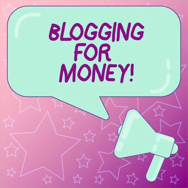 Escritura a mano de texto Blogging For Money. Concepto que significa blogueros colocando anuncios en su sitio para obtener ganancias Foto de megáfono y burbuja de voz de color rectangular en blanco con reflexión . —  Fotos de Stock