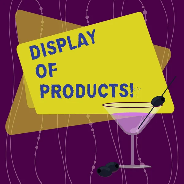 Handwriting text Display Of Products. Concept meaning way attract and entice buying public using show Filled Cocktail Wine Glass with Olive on the Rim Blank Color Text Space.