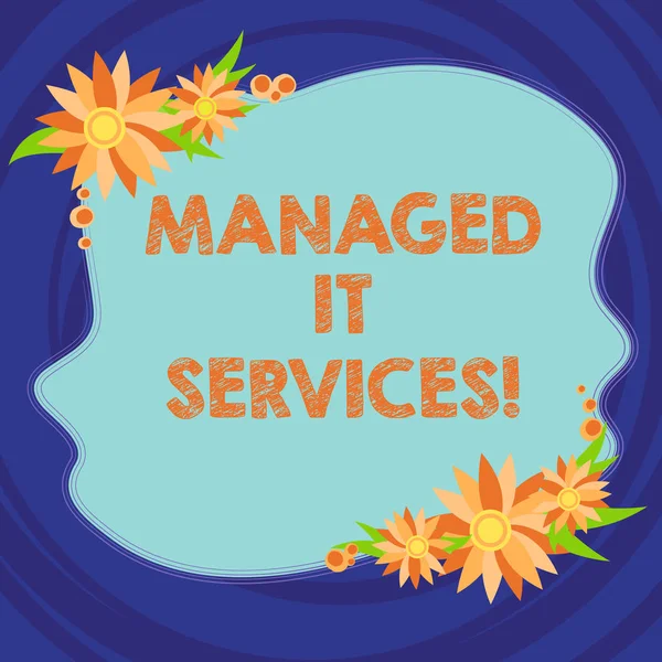 Text sign showing Managed It Services. Conceptual photo assumes responsibility providing defined set activities Blank Uneven Color Shape with Flowers Border for Cards Invitation Ads.