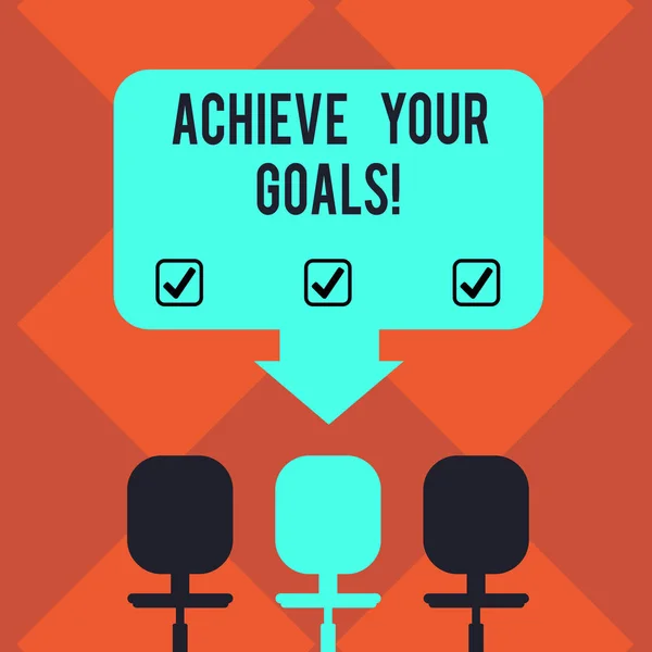 Handwriting text Achieve Your Goals. Concept meaning accomplish goal or to do something you set out be done Blank Space Color Arrow Pointing to One of the Three Swivel Chairs photo. — Stock Photo, Image