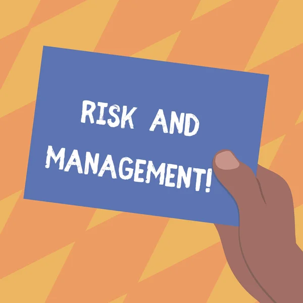 Text sign showing Risk And Management. Conceptual photo forecasting evaluation financial risks minimize impact Drawn Hu analysis Hand Holding Presenting Blank Color Paper Cardboard photo. — Stock Photo, Image