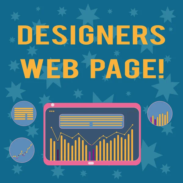 Nota de escritura que muestra la página web de los diseñadores. Foto de negocios mostrando a alguien que prepara contenido para páginas de sitios web Combinación digital de la tabla gráfica de datos de línea de columna en la pantalla de la tableta . — Foto de Stock