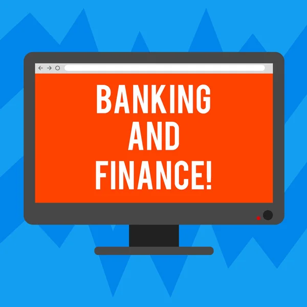 Κείμενο πινακίδα που δείχνει την τραπεζική και χρηματοδότηση. Εννοιολογική φωτογραφία ιδρύματα που παρέχουν διάφορες χρηματοπιστωτικές υπηρεσίες κενή υπολογιστή Desktop οθόνη χρώματος οθόνης τοποθετείται με γραμμή προόδου. — Φωτογραφία Αρχείου