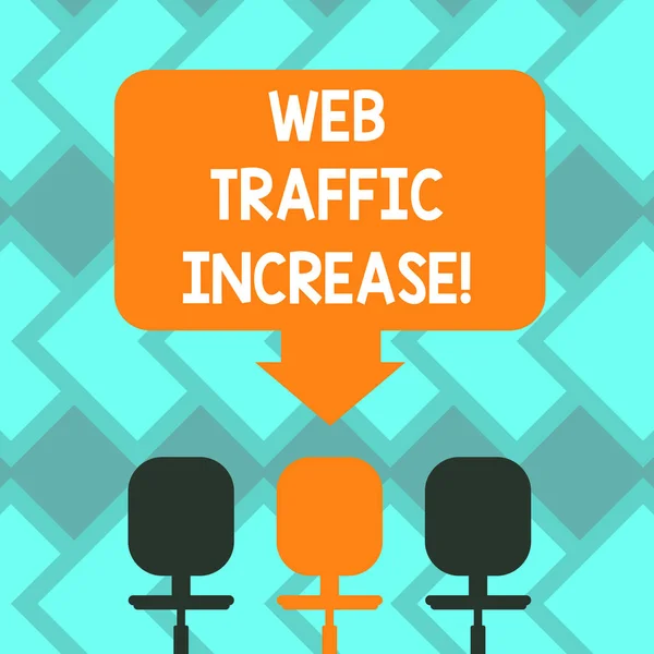 Text sign showing Web Traffic Increase. Conceptual photo Growth of the amount of web users who visit a website Blank Space Color Arrow Pointing to One of the Three Swivel Chairs photo.