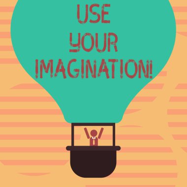 Word metin kullanmak sizin hayal yazma. Fikirler Hu analiz kukla silah yükselterek gondol sürme boş renk hava balonu içinde zihinsel resimler oluşturmak için yetenek kullanmak için iş kavramı.