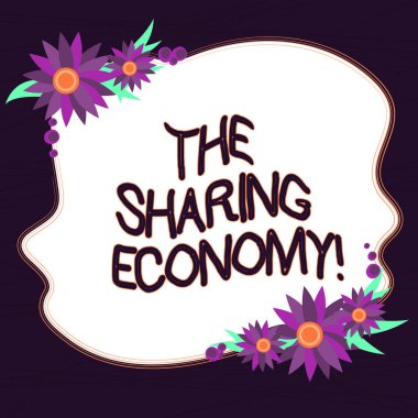 Kavramsal el paylaşımı ekonomi gösterilen yazma. İş fotoğraf metin sistemleri varlıkları veya bireylerin boş renk şekil kartları davet için çiçek kenarlıklı arasında paylaşılan hizmetleri.