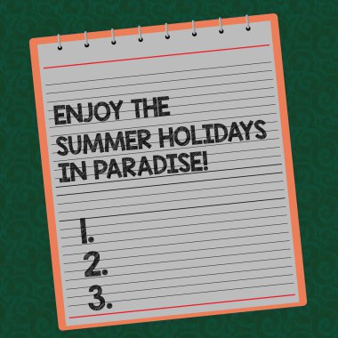 Word metin yazma Enjoy yaz tatil cenneti. İş kavramı için gitmek güzel tatil sezon kaplı sarmal üst renk Not defteri fotoğraf filigran baskılı zemin üzerine yerleştirir.