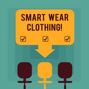 Kavramsal el akıllı giyim giymek gösterilen yazma. İş fotoğraf metin genellikle olarak düzgün henüz rahat kıyafetleri veya resmi alan renk ok işaret biri, üç döner sandalyeler için tanımlanan.