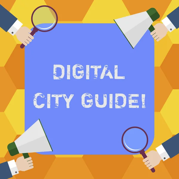 Tekst pisma cyfrowego City Guide. Koncepcja znaczenie aplikacji, która zawiera informacje pomocy dotyczące analizy kulturowej Hu każde szkło powiększające trzymając ręce i megafon na 4 rogach. — Zdjęcie stockowe