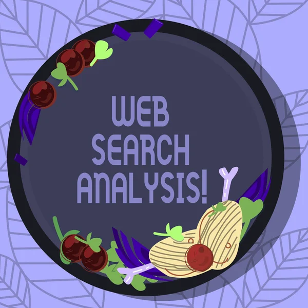 Schrijven van notitie weergegeven: Web Search analyse. Zakelijke foto presentatie onderzoeken specifieke interacties tussen sites searcher Hand getrokken Lamb Chops kruid Spice Cherry tomaten op lege kleurplaat. — Stockfoto