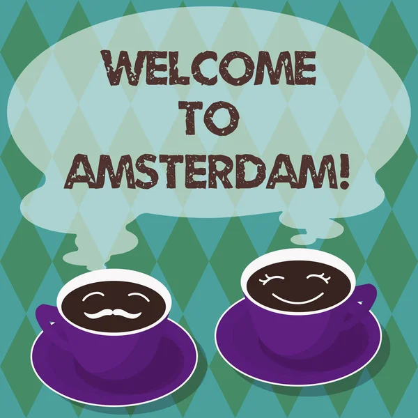 Schrijven van notitie weergegeven: welkom te Amsterdam. Zakelijke foto presentatie groet iemand bezoeken de hoofdstad van Nederland Sets van Cup schotel voor zijn en haar koffie gezicht pictogram met lege stoom. — Stockfoto