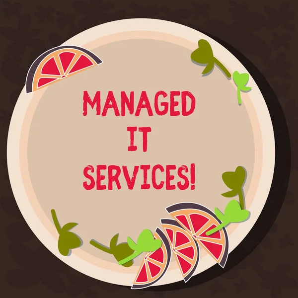 Text sign showing Managed It Services. Conceptual photo assumes responsibility providing defined set activities Cutouts of Sliced Lime Wedge and Herb Leaves on Blank Round Color Plate.