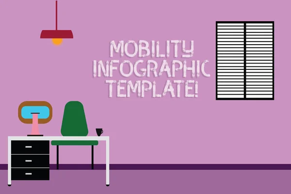 Sinal de texto mostrando Modelo de Infográfico de Mobilidade. Foto conceitual Visualização de dados para dispositivos móveis Espaço de trabalho Minimalista Interior Computador e Área de Estudo Dentro de um Quarto foto . — Fotografia de Stock