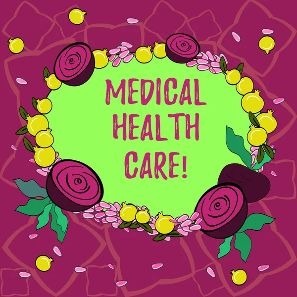 Text sign showing Medical Health Care. Conceptual photo maintenance or improvement via prevention diagnosis Floral Wreath made of Tiny Seeds Small Glossy Pomegranate and Cut Beet. — Stock Photo, Image
