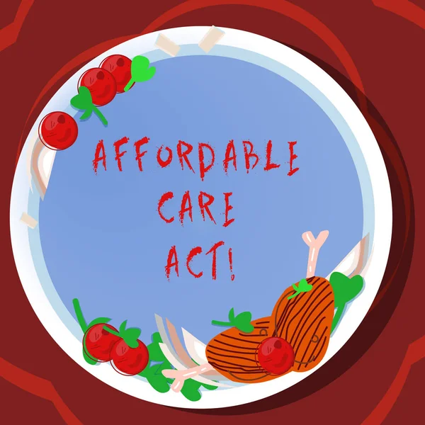 Conceptual hand writing showing Affordable Care Act. Business photo showcasing Guarantees that can receive or buy health insurance Hand Drawn Lamb Chops Herb Spice Cherry Tomatoes on Plate.