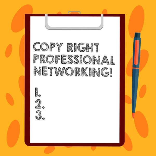 Writing note showing Copy Right Professional Networking. Business photo showcasing Secure modern connection network Sheet of Bond Paper on Clipboard with Ballpoint Pen Text Space.
