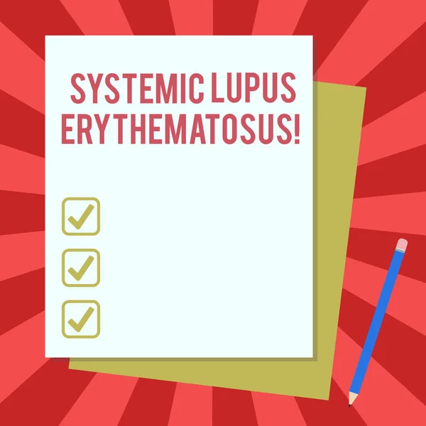 Texto de escritura de palabras Lupus eritematoso sistémico. Concepto de negocio para el sistema inmunológico del cuerpo atacan tejido sano Pila de papel de enlace de construcción de diferentes colores pastel y lápiz . — Foto de Stock