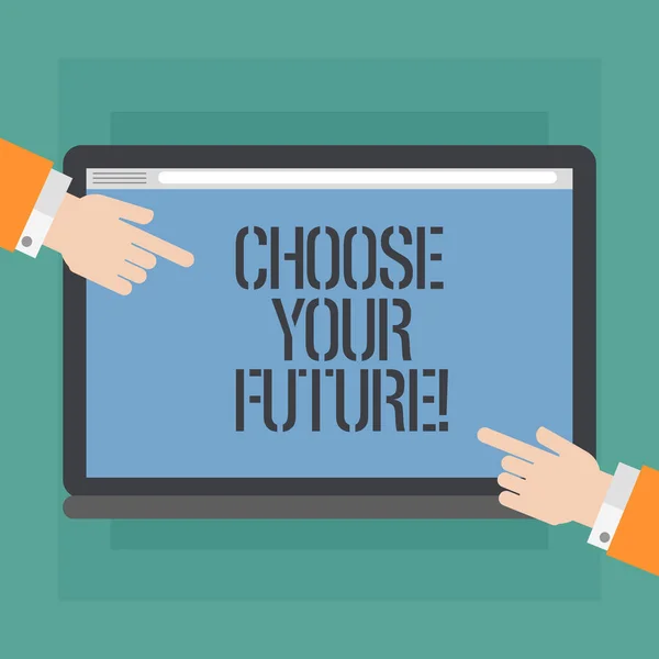 Conceptual hand writing showing Choose Your Future. Business photo showcasing set plans for your career take courses study hard Hu analysis Hands Pointing on a Blank Color Tablet Screen.