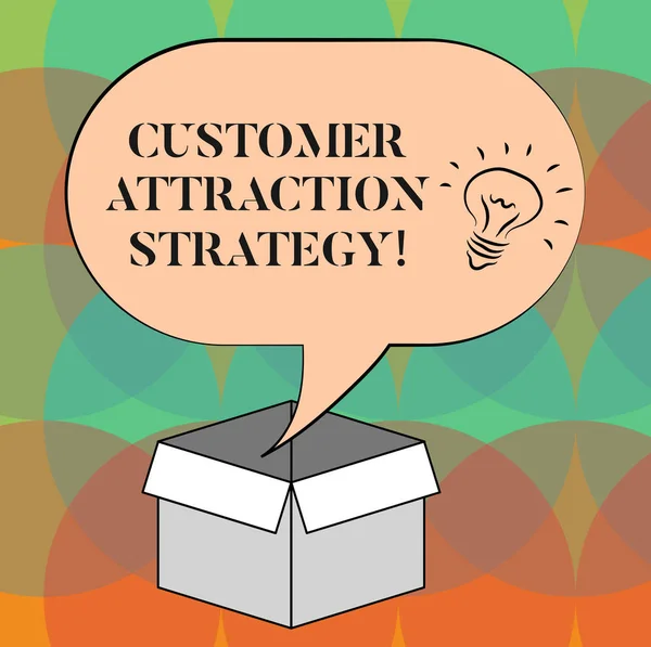 Word writing text Customer Attraction Strategy. Business concept for encourage customers to buy your brand Idea icon Inside Blank Halftone Speech Bubble Over an Open Carton Box. — Stock Photo, Image