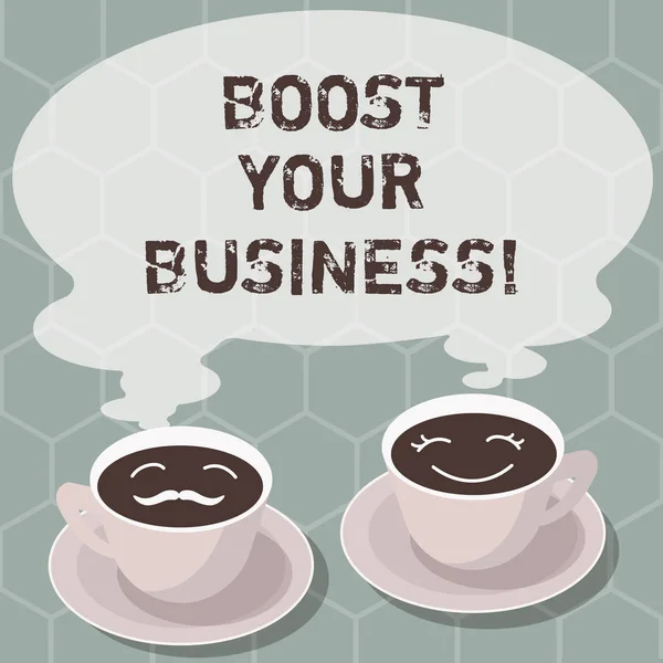 Írásbeli Megjegyzés Boost Your Business mutatja. Üzleti fénykép bemutató javítja bizonyos vállalkozások sikerének mércéje növekedés készletek kupa csészealj ő és övé kávé arc ikon üres gőzzel. — Stock Fotó
